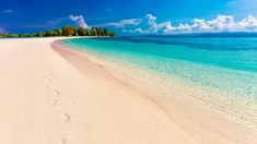 an empty beach with clear blue water and white sand on the shore line, surrounded by palm trees