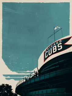 the chicago cubs stadium sign is shown against a blue sky