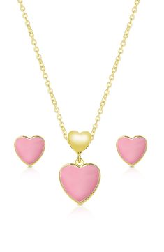 This matched set features a heart-shaped pendant necklace and stud earrings that are sure to be instant favorites for any stylish kid. Adult supervision strongly recommended; jewelry presents choking hazard and should be removed when infant or small child is unattended Set includes pendant necklace and stud earring Necklace has lobster-clasp closure; earrings have post back Necklace is 14" length; 2" extender; 8.12mmW x 15.75mmL pendant Earrings are 6mmW x 6mmL Goldtone plate/enamel Imported Heart Shaped Pendant Necklace, Back Necklace, Stylish Kids, Keep Jewelry, Heart Pendant Necklace, Stud Earring, Pendant Earrings, Earring Necklace, Heart Pendant