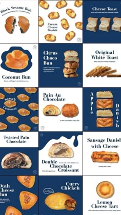 different types of breads and pastries are shown in this graphic style, with the names