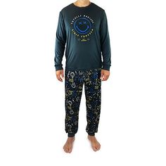 This SmileyWorld men's 2-piece pajama set is a fun graphic set to add to your sleep wardrobe. Made from soft stretch-jersey, it includes a crew neck long-sleeve top with a front graphic and a coordinating pair of printed elastic-drawstring pants.# Pieces In Set: 21st Piece Description: Top1st Piece Apparel Length: 29 Inches1st Piece Fabric: Jersey1st Piece Fiber Content: 95% Polyester, 5% Spandex1st Piece Care: Machine Wash, Tumble Dry2nd Piece Description: Pants2nd Piece Closure Type: Full Elas Cheap Men's Pajama Party Bottoms, Cheap Men's Sleepwear For Pajama Party, Cozy Pajamas For Men, Cheap Men's Relaxed Fit Sleepwear, Mens Pajamas Set, Mens Crew Neck, Product Description, Mens Pants, Pajama Set