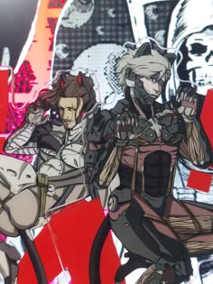 two anime characters standing next to each other in front of a red and black background