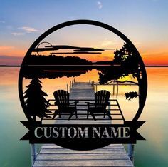 two chairs sitting on a dock with the sun setting in the background and custom name