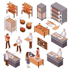 people are working in the bakery with bread and pastries - food objects 3d renders