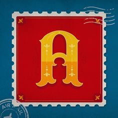 a postage stamp with the letter a on it's front and back side, in red and yellow