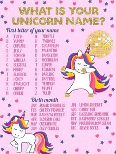 a unicorn poster with the words what is your unicorn name?