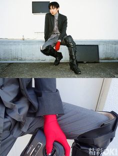 a man sitting on top of a suitcase next to another person with red gloves and boots