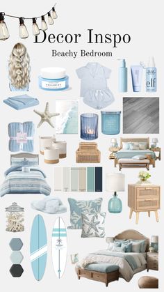 a collage of blue and white items with text that reads, decor inspo beachy bedroom