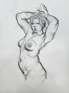 a pencil drawing of a naked woman with her arms behind her head and hands above her head