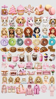 an image of many different types of food and desserts on display in front of a white background