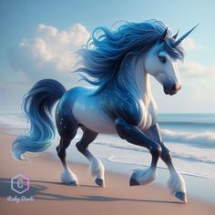 a blue and white unicorn is running on the beach by the water's edge