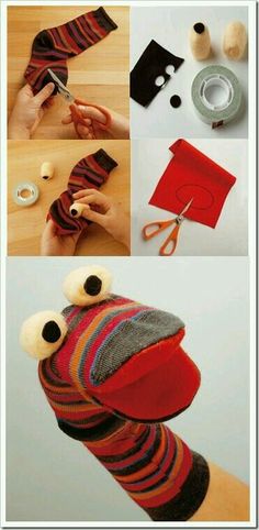 there are several pictures showing how to make stuffed animals out of fabric and yarns