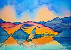 a painting of a sailboat on the water with mountains and clouds in the background