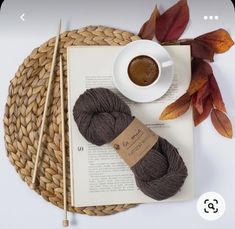 two skeins of yarn sitting on top of an open book next to a cup of coffee