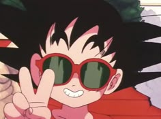 an anime character with sunglasses making the peace sign