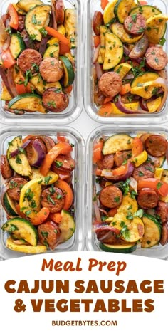 four glass containers filled with sausage and veggies