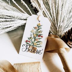 a white tag with the words believe on it next to some pine cones and branches