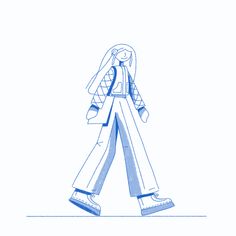 a drawing of a woman walking with her hand on her hip, wearing blue jeans and jacket