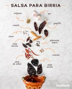 an image of spices and herbs in a bowl on a white background with the words salsa para birria above it