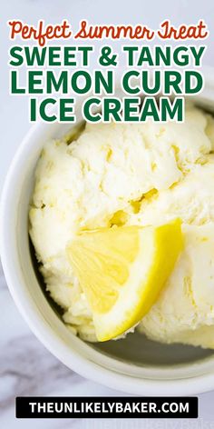 a bowl filled with lemon ice cream on top of a table