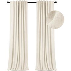 two white curtains hanging on a black rod with the curtain pulled down to reveal an off - white background