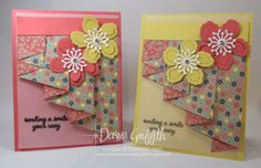 two cards with flowers on them, one is pink and the other has yellow paper