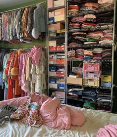 the closet is full of clothes and other things to wear on it's shelves