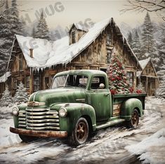 an old green truck with a christmas tree on the back in front of a cabin