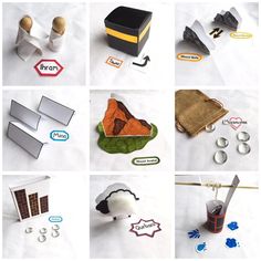 many different items are arranged on a white tablecloth and include scissors, paper clips, buttons, magnets, beads, and other things