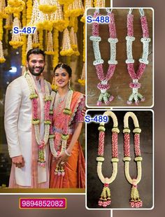 two people standing next to each other in front of some flowers and beads hanging from the ceiling