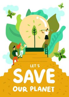 save our planet poster with people looking at the light bulb and butterflies flying around it