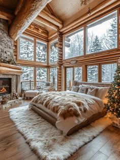 a bedroom with a large bed, fireplace and lots of windows in the room that have snow on them