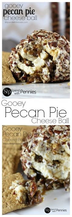 three different types of food are stacked on top of each other, with the words gooey pecan pie above them