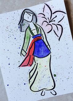 a drawing of a woman with a flower in her hair, wearing a colorful dress