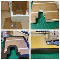 four pictures showing the process of making a cardboard box with scissors and tape on it