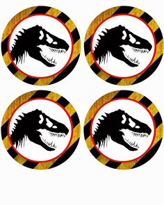 four black and yellow coasters with an image of a dinosaur