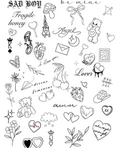 the back side of a tattoo sticker sheet with hearts, flowers and other tattoos