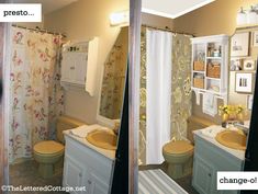 before and after photos of a bathroom remodel with shower curtain pulled back to reveal the rest of the room