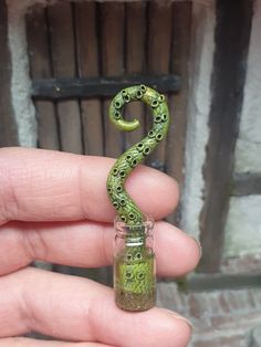 a hand holding a tiny glass jar with a green snake in it