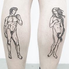 two tattoos on the legs of a man and woman, one with a naked torso