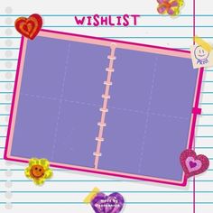 a purple notebook with hearts and other things on it