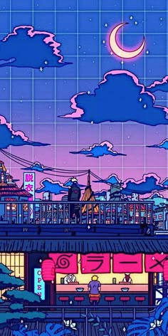 an animated cityscape with buildings and clouds in the background at night, as seen from across the street