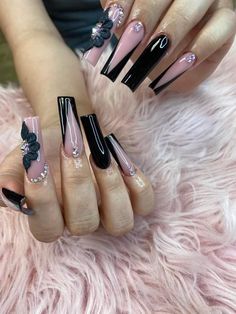 Long Black Nails With Charms, Black Extra Nails, Black Nails Medium Length, Black Nails Black Women, Prom Nails With Black Dress, Buchona Nails, Glittery Acrylic Nails, Black Quince, Nails Birthday