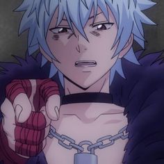 an anime character with blue hair holding his fist