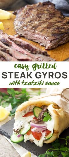 steak gyros with fresh vegetables and sauces