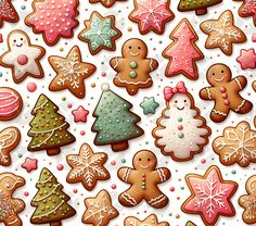 many different kinds of cookies on a white surface with snowflakes and christmas trees