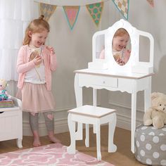 Kids' Vanity Set with 3 Mirrors and Light, Makeup Table and Stool for Girls, Vanity Table and Chair Set with Wood Makeup Playset for 4-9 Girls Toddler Vanity, Girls Vanity Table, 3 Mirrors, Kids Vanity Set, Girls Vanity, Makeup Dressing Table, Dressing Table With Chair, Sweet Accessories, Vanity Set With Mirror