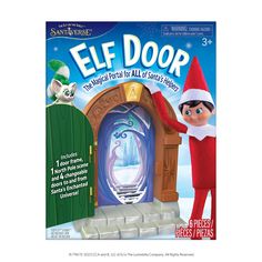 an elf is standing in front of a door with the words elf door on it