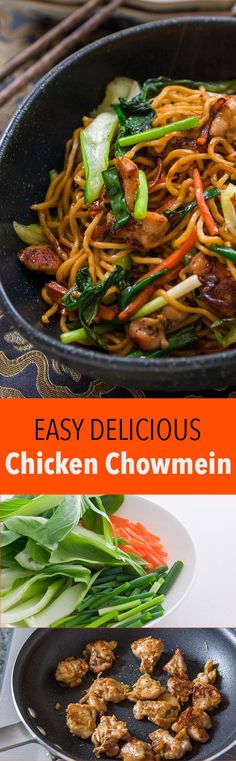 chicken chow mein with noodles and vegetables in a skillet