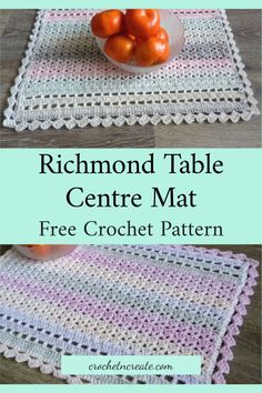 a crocheted table mat with oranges in the bowl and on top of it